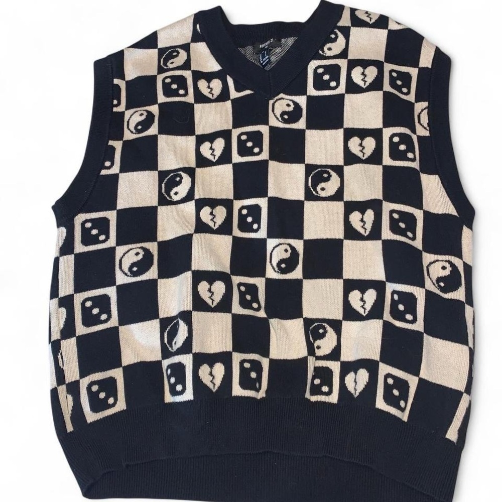 Forever 21 Black and Tan Patterned V-Neck Sweater Vest